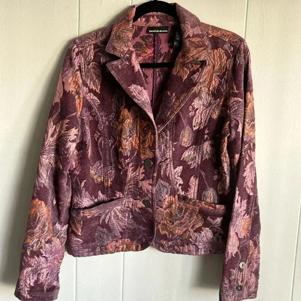 Women's DKNY Jeans Purple Floral Brocade Jacquard Jacket Blazer, Size M